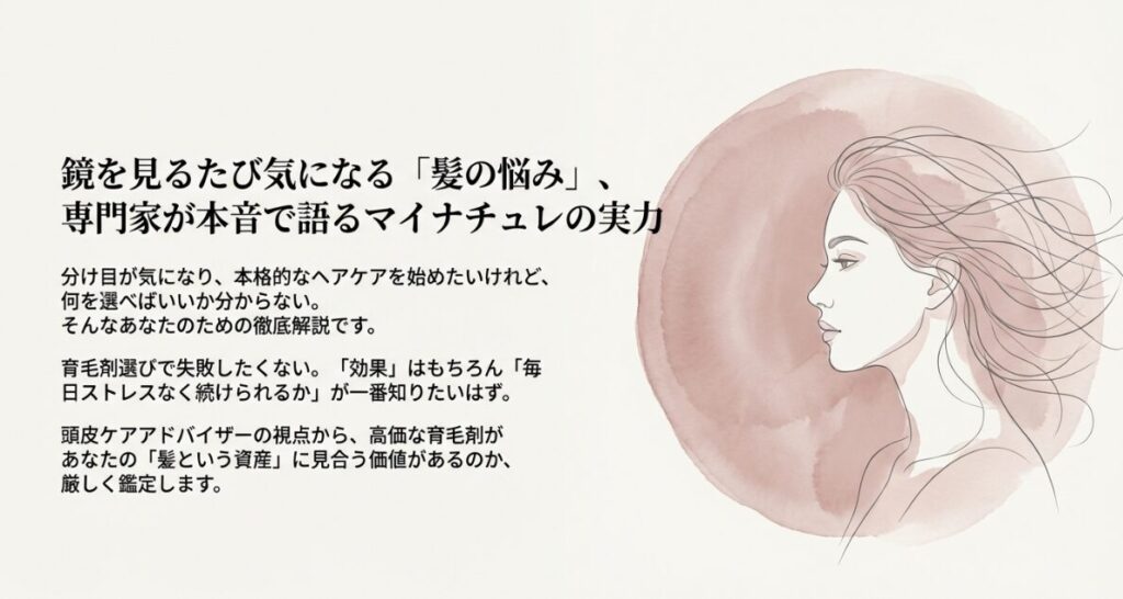 髪の悩みに向き合い、育毛剤が資産に見合う価値があるかを厳しく鑑定することを伝える導入スライド