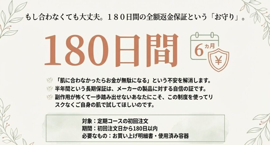 初回注文から180日間、肌に合わなかった場合に利用できる返金保証の詳細。