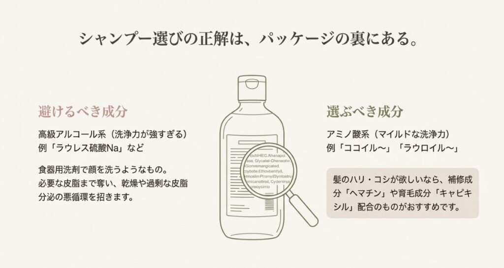 避けるべき高級アルコール系（ラウレス硫酸Na）と、選ぶべきアミノ酸系（ココイル〜など）の成分比較