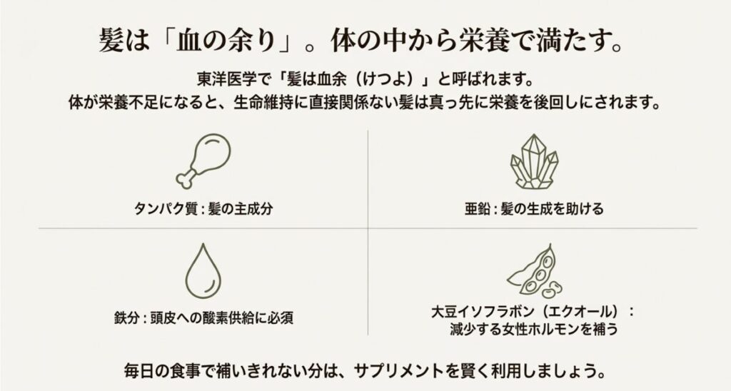 髪は血の余り。タンパク質、亜鉛、鉄分、大豆イソフラボンで体の中から栄養を満たす