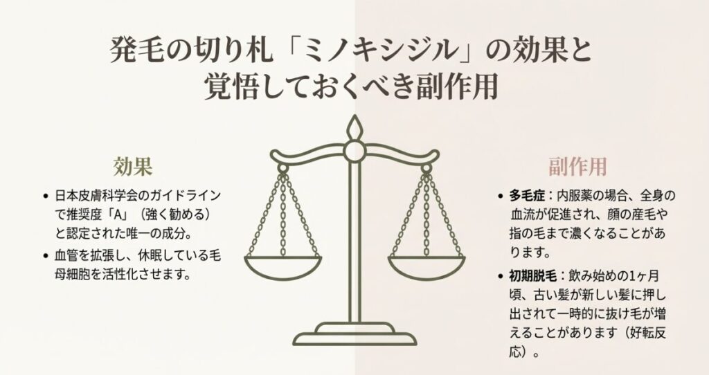 日本皮膚科学会推奨度Aの発毛効果と、多毛症・初期脱毛などの知っておくべき副作用