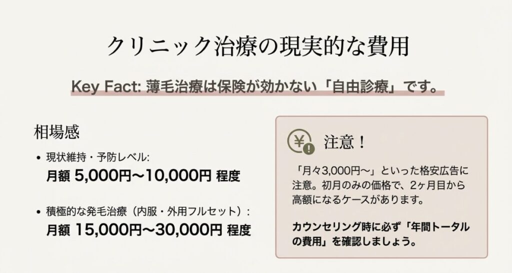 現状維持なら月5,000円〜、積極治療なら月15,000円〜。初月のみ格安の広告には注意が必要