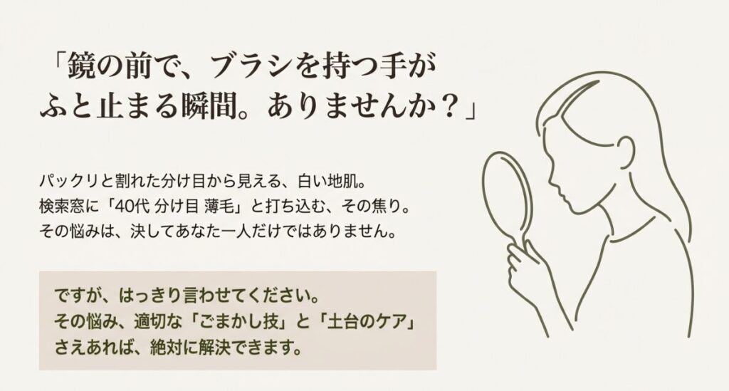 鏡の前でブラシを持ち、パックリ割れた分け目を見て悩む女性のイラスト。40代の薄毛の悩み