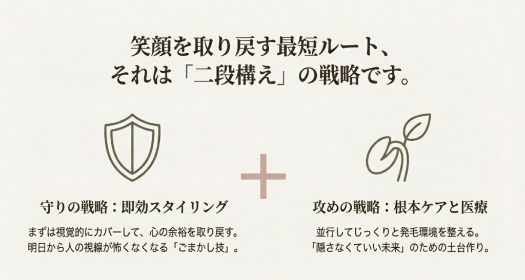 笑顔を取り戻す最短ルートは「二段構え」。守りの戦略（即効スタイリング）と攻めの戦略（根本ケアと医療）