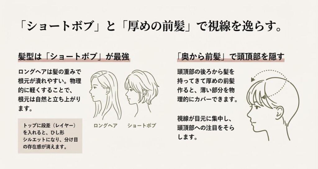 「ショートボブ」と「厚めの前髪」で視線を逸らす。ロングヘアは根元が潰れやすいが、ショートボブはひし形シルエットで分け目の存在感が消える
