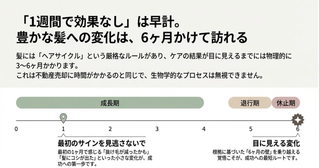 髪の成長期・退行期・休止期を示し、目に見える変化が出るまでの期間を解説したヘアサイクルの図解スライド
