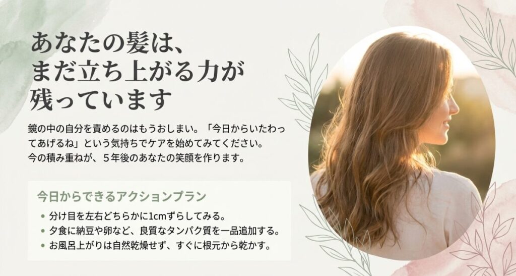 分け目をずらす、タンパク質を摂る、すぐに乾かすなど、今日から実践できる具体的なアクションをまとめたスライド。