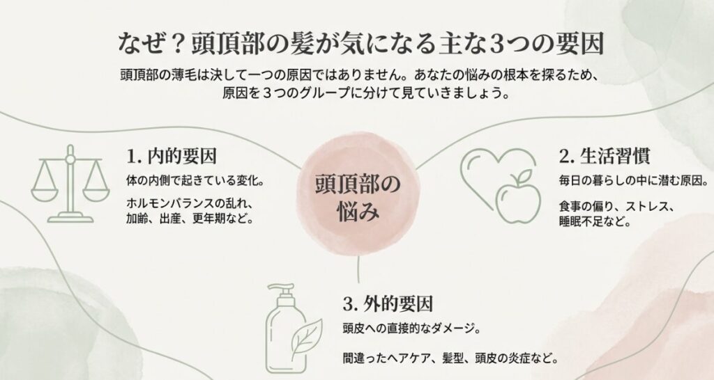 女性の頭頂部の薄毛の原因を内的要因、生活習慣、外的要因の3つのグループに分けて解説しているスライド。