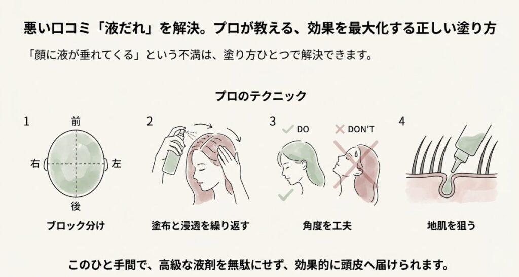 頭皮のブロック分け、塗布角度の工夫、地肌を狙うプロのテクニックを図解した塗り方のスライド