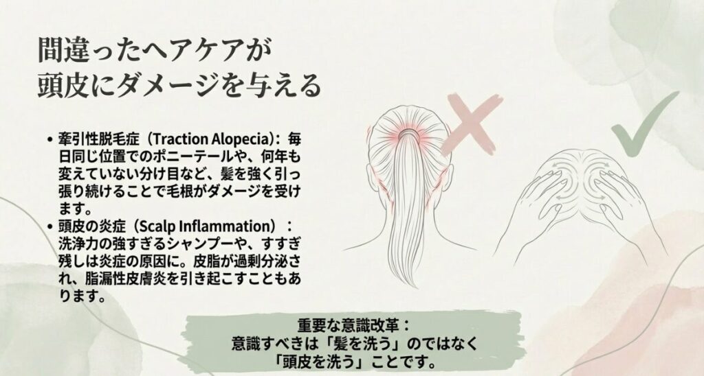 髪を強く引っ張る髪型や、間違った洗髪方法が頭皮に与えるダメージについて説明したスライド。